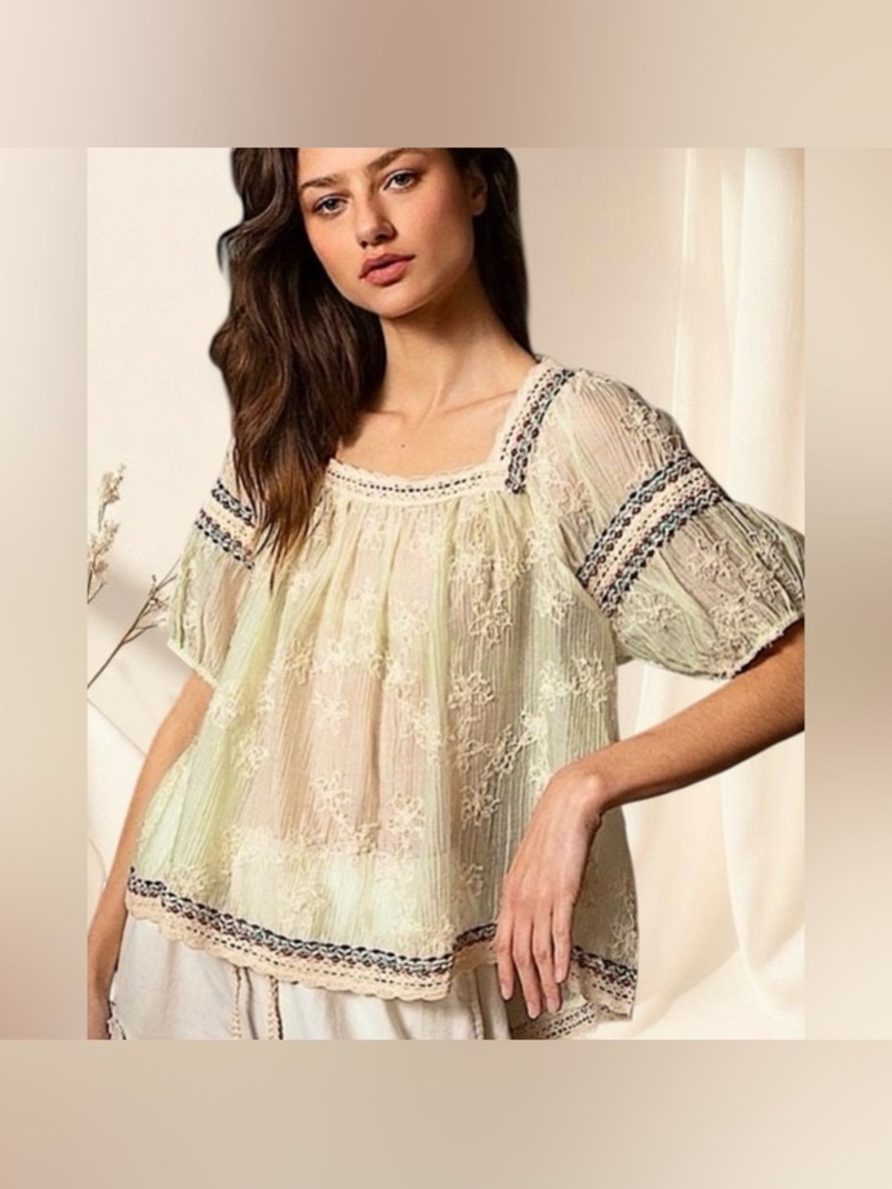 Anthropologie POL Sheer Sage Embroidered Lace Top | Size [Medium|